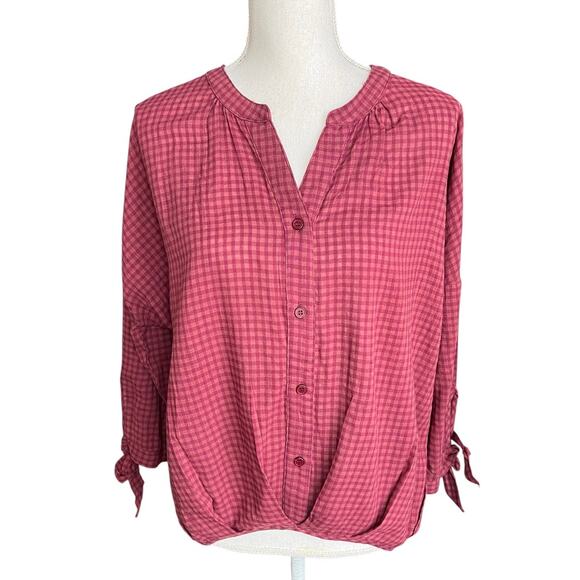 Cotton Bleu Tops - Cotton Bleu red gingham split neck blouse relaxed fit cotton cottagecore small